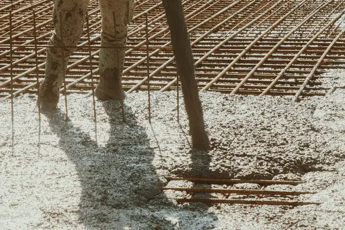 Concrete being placed over steel reinforcement on a pad pour