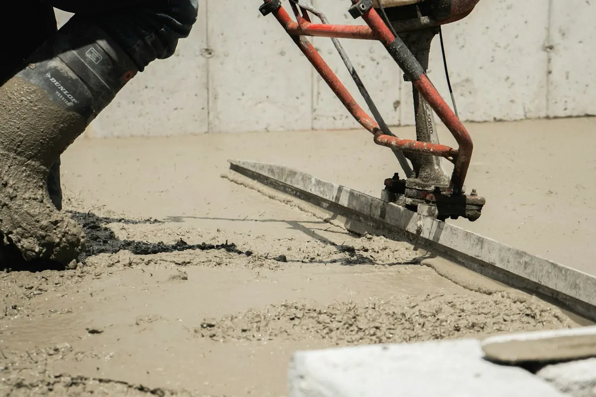 A power screed leveling freshly placed concrete on a Phoenix-area pad pour